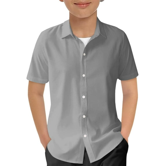 Boys Solid Color Short Sleeve Summer Shirt Collared Comfort Casual Fit Soft Top for School Daily Wear Lightweight Breathable Grey Shirt 7-8 Years