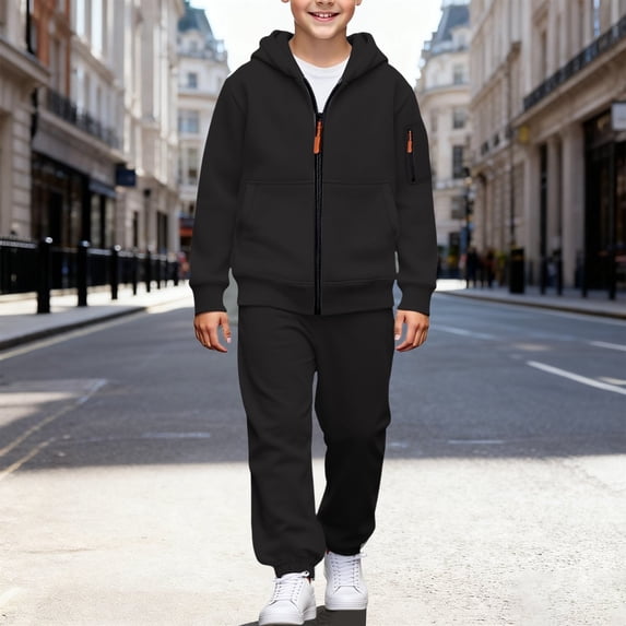 Boys' Solid Color Sweatsuit Set, Hooded Full Zip Sweatshirt with Sleeve Zipper Pockets and Elastic Waist Jogger Pants, Casual Athletic Two-Piece Outfit for Daily Wear, Gym, Outdoor Play - Black