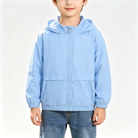 Boys Solid Hooded Jacket Kids Lightweight Windproof Casual Coat with Pockets School Spring Autumn Daily Outerwear Light Blue 6-7 Years