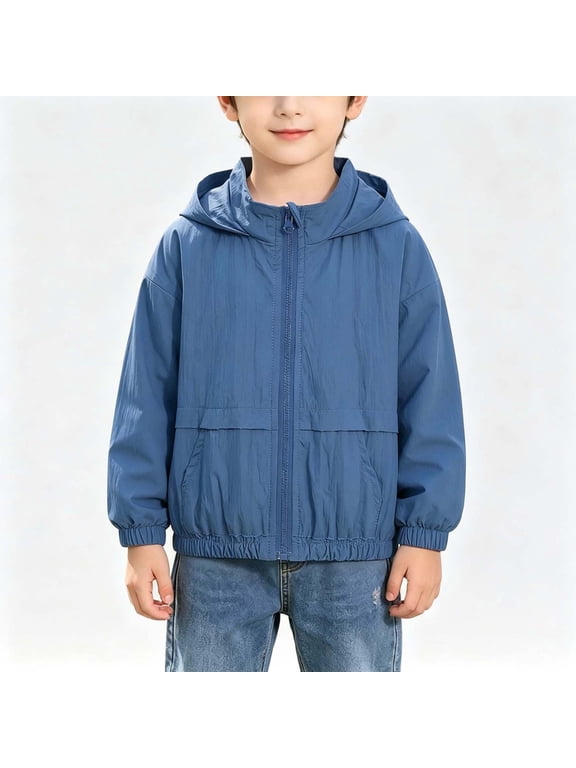 Boys Solid Hooded Jacket Kids Lightweight Windproof Casual Coat with Pockets School Spring Autumn Daily Outerwear Navy 8-9 Years