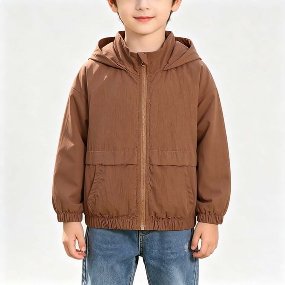 Boys Solid Hooded Jacket Long Sleeve Zip Up Coats Kids Casual Lightweight Breathable Jacket with Pockets Brown 8-9 Years