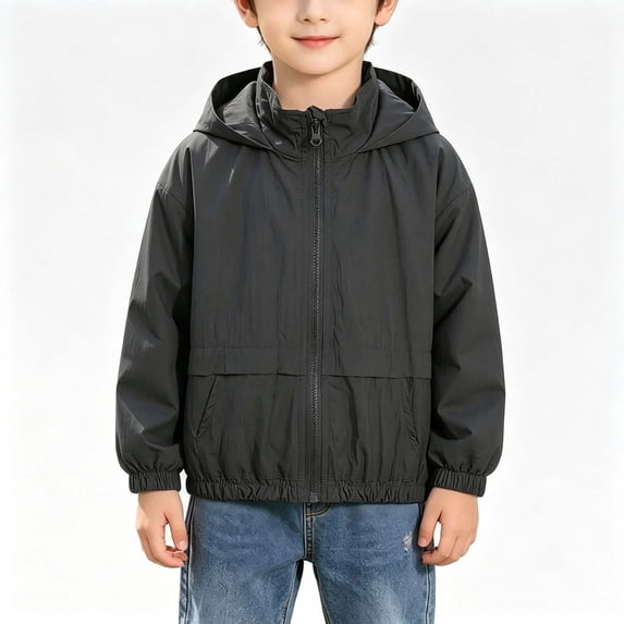 Boys Solid Hooded Jacket Long Sleeve Zip Up Coats Kids Casual Lightweight Breathable Jacket with Pockets Dark Gray 10-11 Years