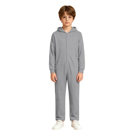 Boys Solid Hooded Onesie for Halloween, Full Zip Plush Jumpsuit with Ribbed
