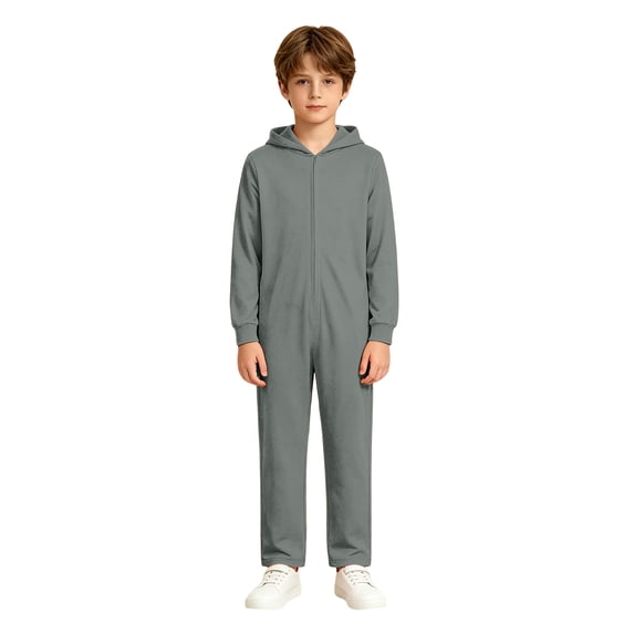 Boys Solid Hooded Onesie for Halloween, Full Zip Plush Jumpsuit with Ribbed