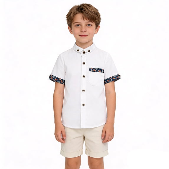 Boys Solid Short Sleeve Button Down Shirt, Classic Point Collar Casual Top for School