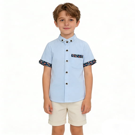Boys Solid Short Sleeve Button Down Shirt, Classic Point Collar Casual Top for School