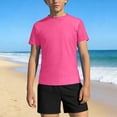 thumbnail image 1 of Boys Solid Short Sleeve Two Piece Swim Set, Crew Neck Rash Guard Top & Swim Trunks for 3-14 Years Old Kids Beach Surf Bathing Suit Hot Pink 5-6 Years, 1 of 9