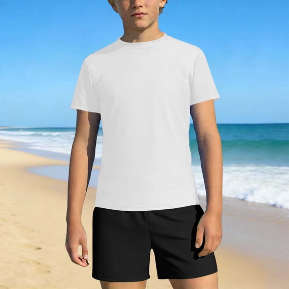 Boys Solid Short Sleeve Two Piece Swim Set, Crew Neck Rash Guard Top & Swim Trunks for 3-14 Years Old Kids Beach Surf Bathing Suit White 13-14 Years