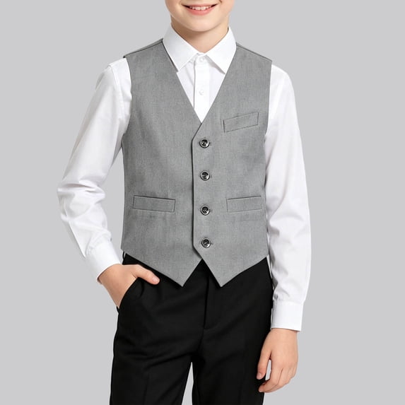 Boys Solid V-Neck Button Sleeveless Formal Waistcoat Wedding Party Suit Vest For Kids Gray 11-12 Years