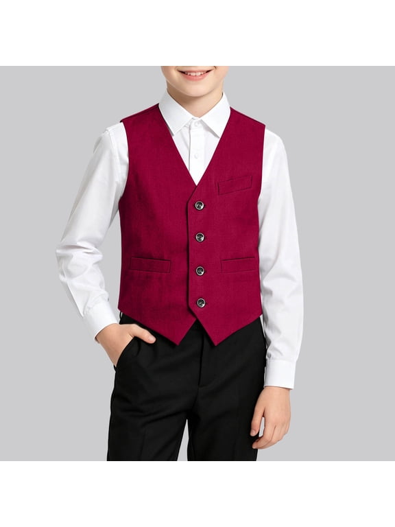 Boys Solid V-Neck Button Sleeveless Formal Waistcoat Wedding Party Suit Vest For Kids Wine 5-6 Years