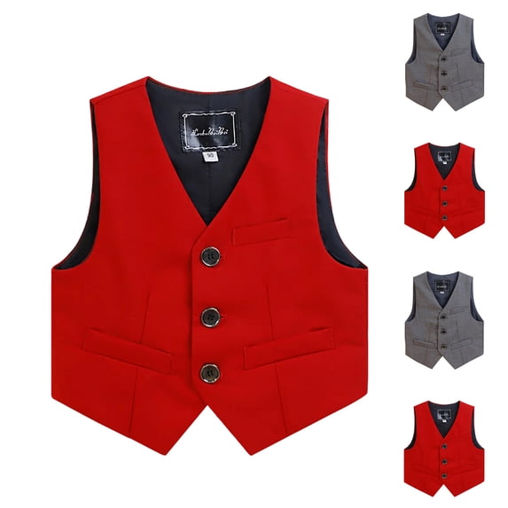 Boys Solid V‑Neck Suit Vest 2-14 Years, Kids Formal Waistcoat for Wedding, Casual & Special Occasion Outfit