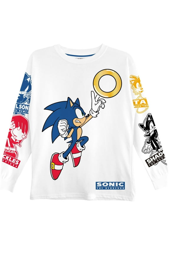 Boys Sonic The Hedgehog Graphic Long Sleeve T-Shirt- Little and Big Boys Sizes 4-20, White, 8