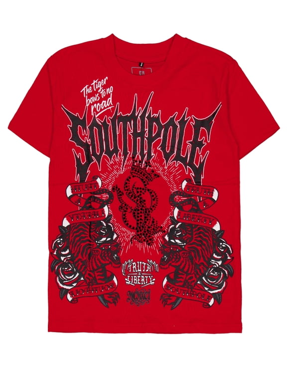 Boys' Short-Sleeve Tiger and Floral Rhinestone Logo Graphic T-Shirt Color: red Size: 8