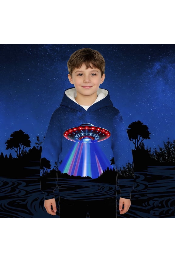 Boys Spaceship 3D Graphic Hoodies Hooded Sweatshirt Pullover Funny Designs Fleece Lined Jacket Hoodies For Kids Blue 7 Y-8 Y