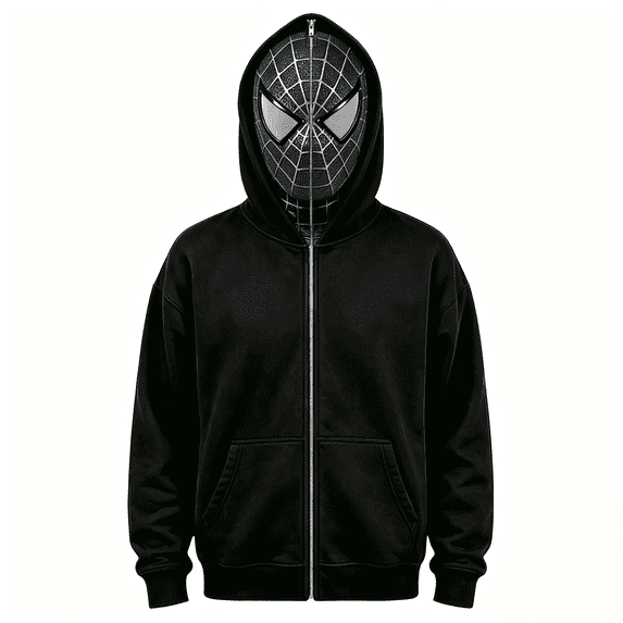Boys Spider Hero Full Face Masked Zip Hoodie, Black Body Web Print Full Zip Pocket Sweatshirt Outerwear Apparel Outfit