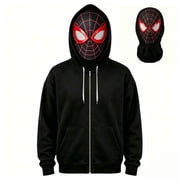 Boys Spider Hero Full Face Masked Zip Hoodie, Movie Character Web Print Full Zip Pocket Sweatshirt Apparel Outfit