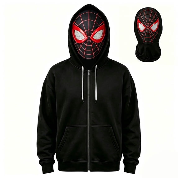 Boys Spider Hero Full Face Masked Zip Hoodie, Movie Character Web Print Full Zip Pocket Sweatshirt Apparel Outfit