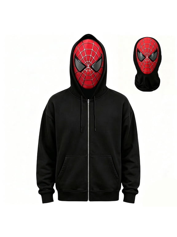 Boys Spider Hero Full Face Masked Zip Hoodie, Movie Character Web Print Full Zip Pocket Sweatshirt Apparel Outfit