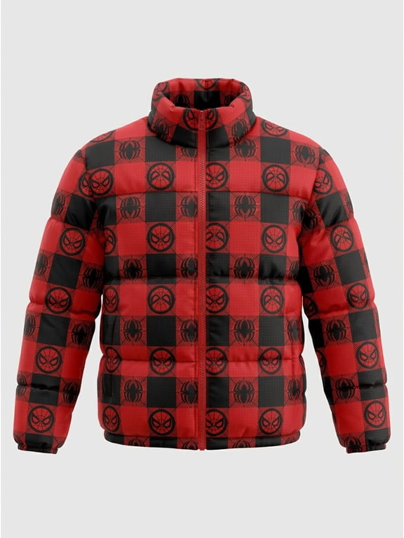 Boys’ Spider-Man Allover Logo Print Puffer Jacket, Red, Sizes XS–XL
