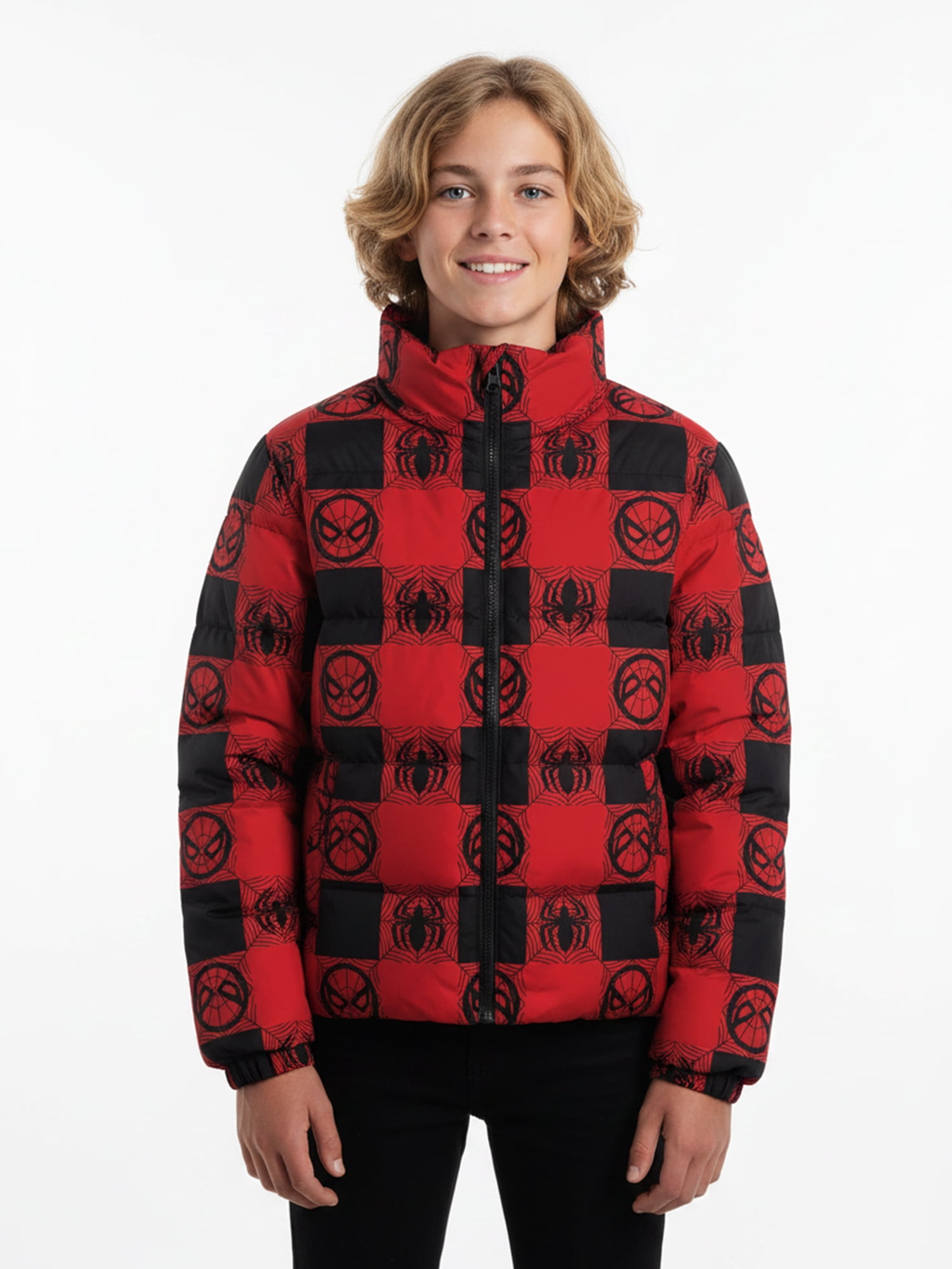 Boys’ Spider-Man Allover Logo Print Puffer Jacket, Red, Sizes XS–XL