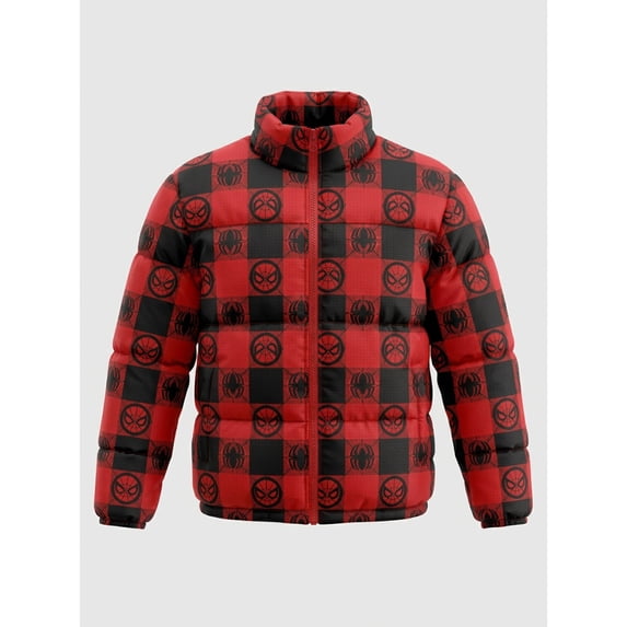 Boys’ Spider-Man Allover Logo Print Puffer Jacket, Red, Sizes XS–XL