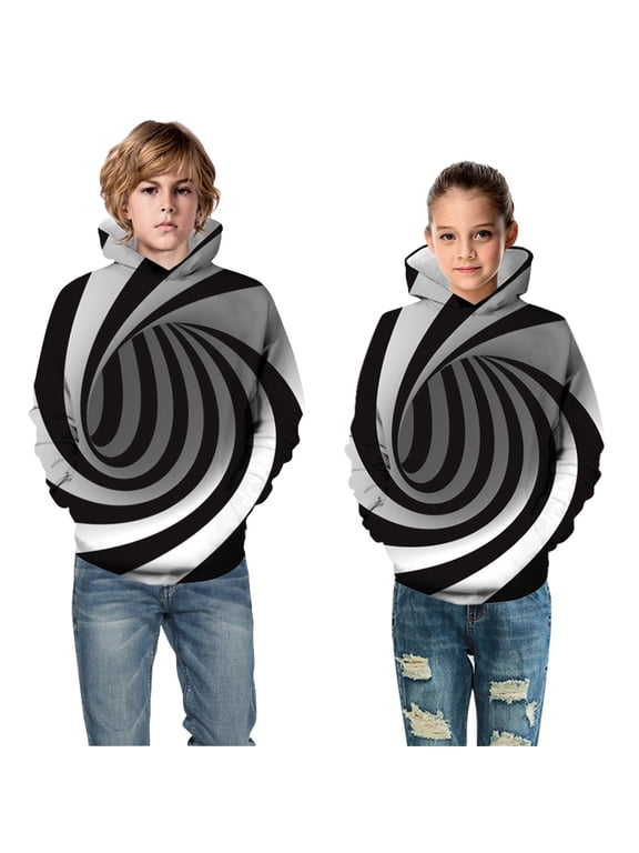 Boys Spiral Print Hoodie Long Sleeve Sweatshirts Kangaroo Pocket Banded Optical Graphic Pullover Top White S