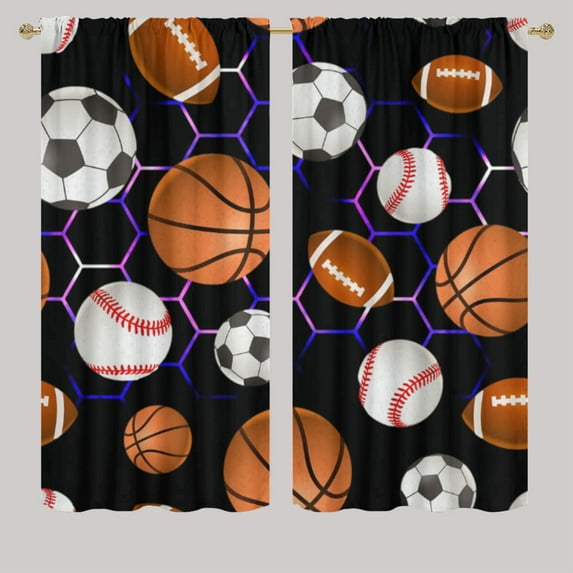 Boys Sports Ball Window Curtains for Bedroom Football Soccer Basketball Colorful Neon Lights Rod Pocket Window Curtain for Bedroom or Living Room W63 x L63 Inch