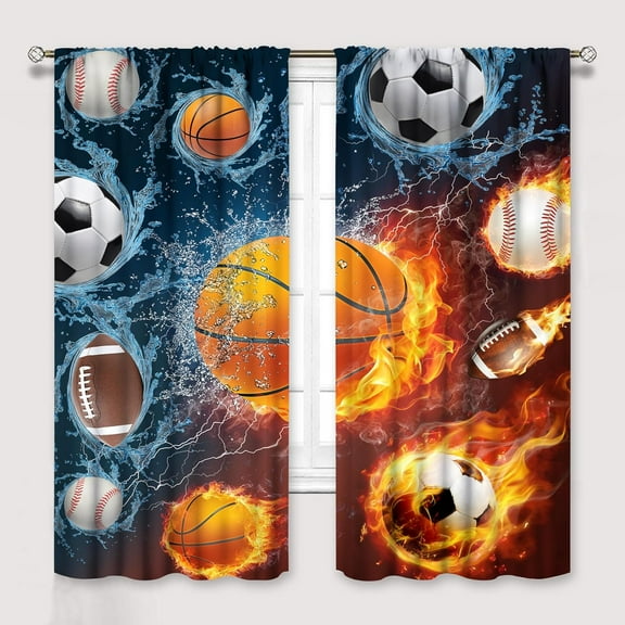 Boys Sports Kids Curtains for Bedroom, Fire Basketball Football Soccer 3D Ball Window Treatments for Living Room,Teen Boys Girls Room Decor Drapes 2 Panel Sets,52x84 Inch