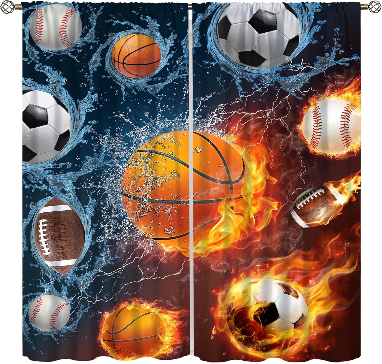 Kids Sports Blackout Curtains – Baseball Basketball Soccer Print, 2 Panels 42x84 Inch, Rod Pocket