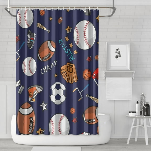 Boys Sports Shower Curtain - Baseball Football Soccer Basketball Print Waterproof Bathroom Decor