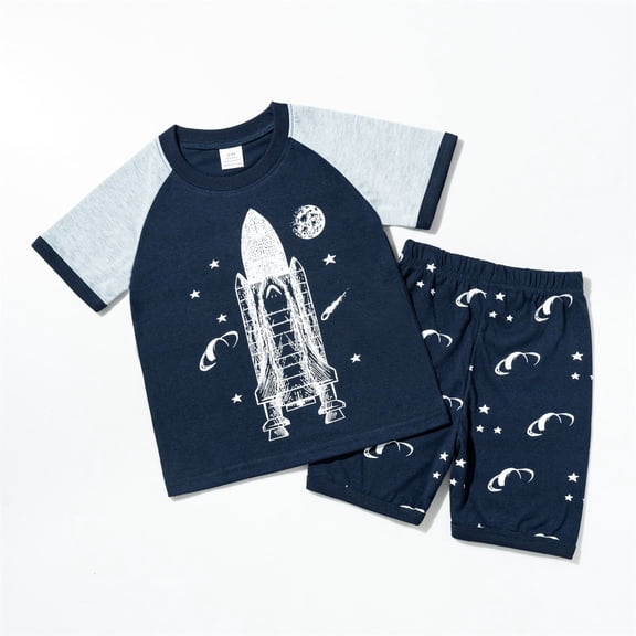 Boys Spring Outfits Size 3-4Y Space Rocket Print Short Sleeve Round Neck Tee and Shorts 2 Piece Boy Clothes