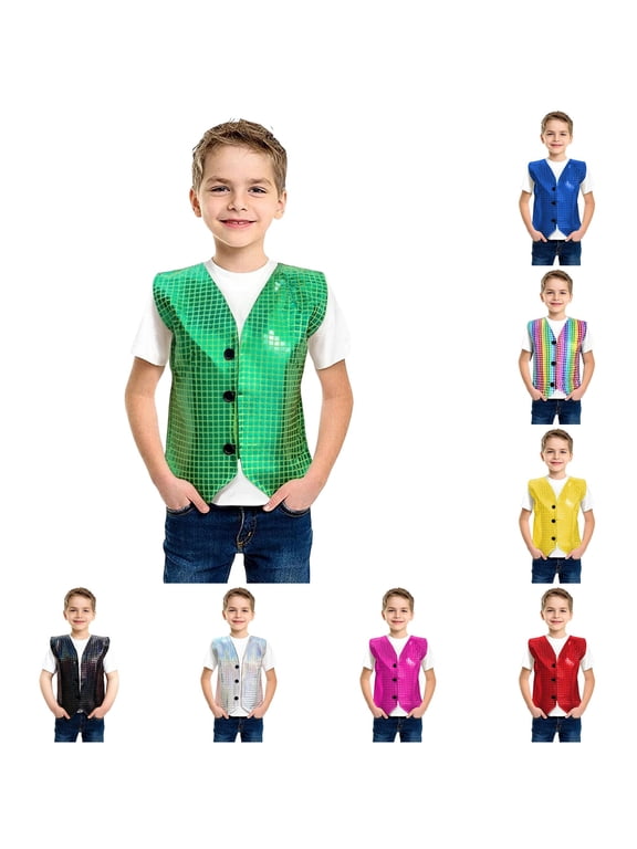 Boys Square Patchwork Sequin Applique Vest Carnival Stage Performance for Dance Shows and Party Wear