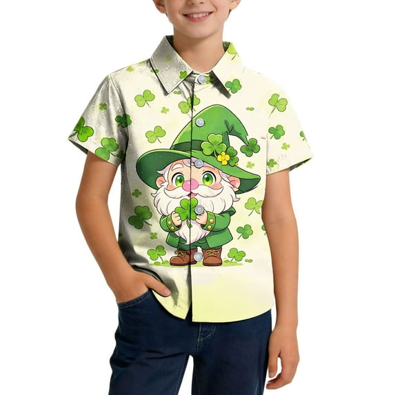 Boys St Patricks Day Shirt with Gnome & Shamrock Print, Short Sleeve Button Down, Comfortable Stretch Fabric, Sizes 2T-14Y,Size 2 T