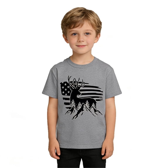 Boys Stars and Stripes Deer Patriotic Print Short Sleeve Graphic T Shirt Crew Neck Casual Tee Usa 250Th Summer Boys Tshirts Grey 3 Years-4 Years