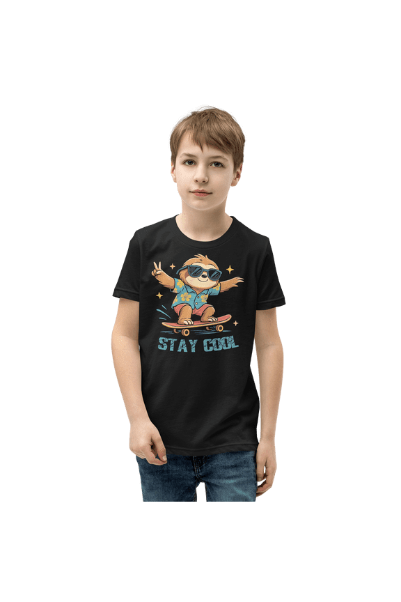 Boys Stay Cool Skateboard Sloth Graphic T-Shirt Fun Summer Tee for Kids, Casual Short Sleeve Top