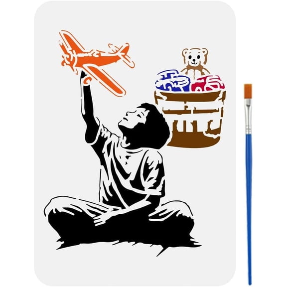 Boys Stencil for Painting 8.3x11.7inch Hollowed Banksy Style Template with Brush Boy Model Airplane Painting Stencil Toy Cars Stuffed Bear Stencil Banksy Theme Template for DIY colorful