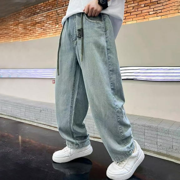 Boys Straight Leg Baggy Jeans Boys Elastic Waist Loose Denim Pants (Blue XXXXS)