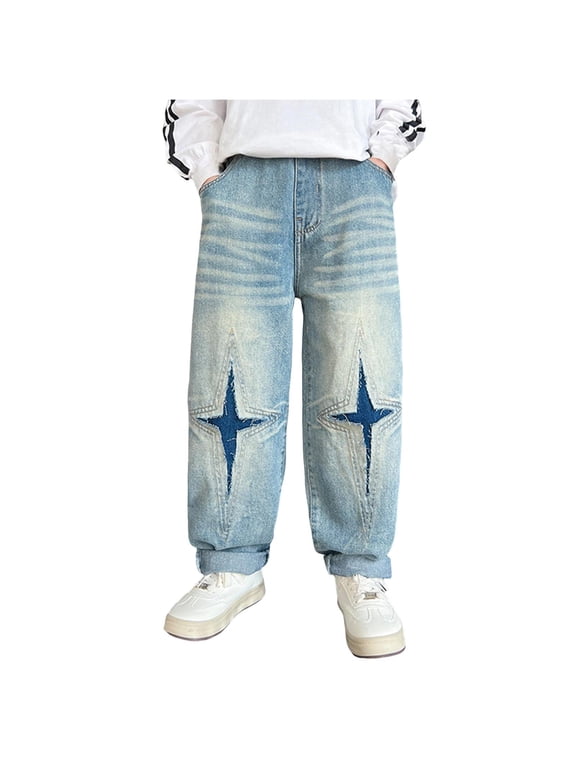 Boys Straight Leg Jeans Size 14-16 Boy's Stacked Jeans Slim Fit Ripped Skinny Stretch Hop Streetwear Denim Pants Boys' Baggy Jeans Gradient Patchwork Straight Denim Cargo Pants