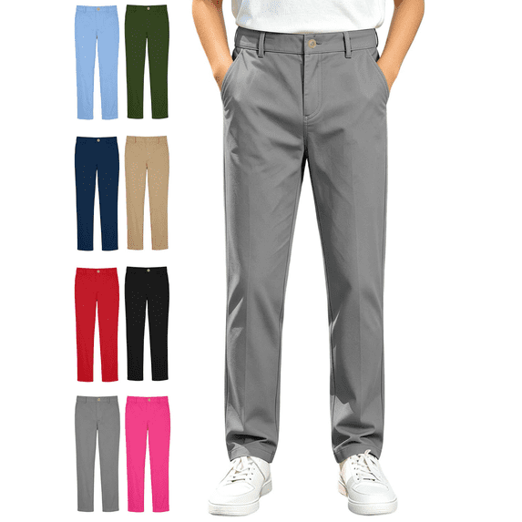 Boys' Straight Leg Pants Pull On Relaxed Fit School Uniform Pant Casual Solid Color Trousers with Pocket