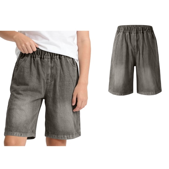 Boys Stretch Cargo Shorts Grey Elastic Waist School Kids Summer Straight Leg Loose Denim Shorts with Pockets 9-10 Years