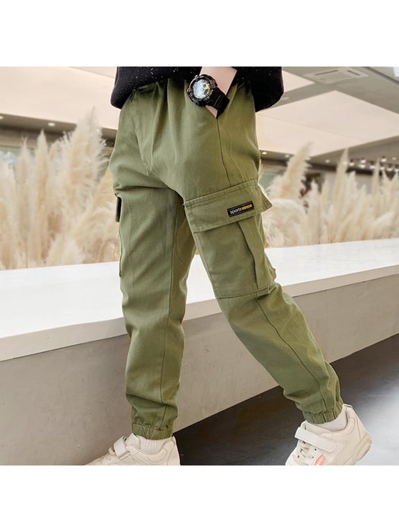 Boys' Stretch Pull on Jogger Pants Cargo Pants Stretch Elastic Waist School Kids Twill Joggers for Kids Army Green 12-13 Years