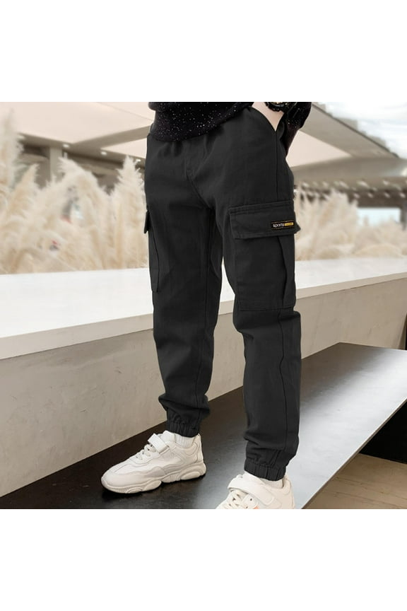 Boys' Stretch Pull on Jogger Pants Cargo Pants Stretch Elastic Waist School Kids Twill Joggers for Kids Black 7-8 Years