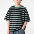 thumbnail image 1 of Boys Striped Cotton Crew Neck T-Shirt Black Short Sleeve Loose Fit Kids Tee,Size 5-6 T, 1 of 5