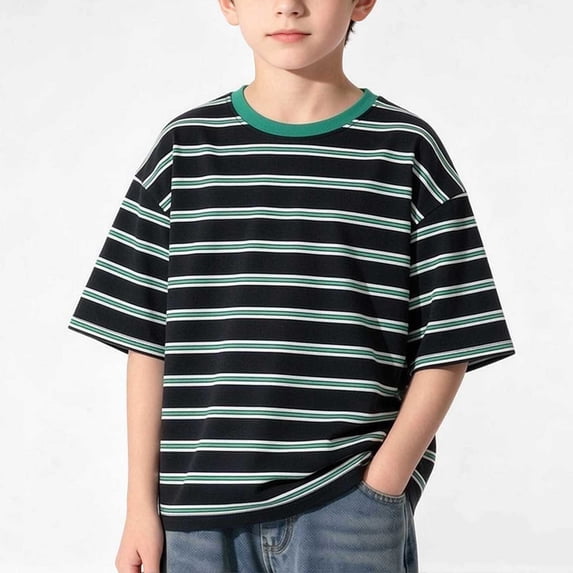 Boys Striped Cotton Crew Neck T-Shirt Black Short Sleeve Loose Fit Kids Tee,Size 5-6 T
