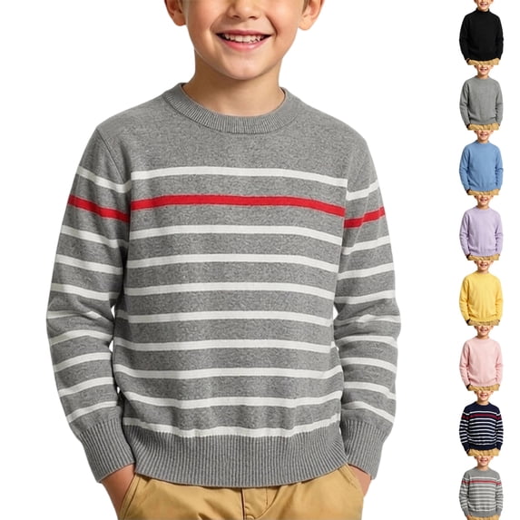 Boys Striped Crewneck Sweaters Long Sleeve Pullover Tops for Kids 5-15 Years Old Winter School Daily Wear
