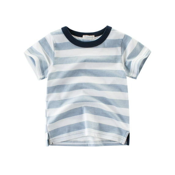 Boys' Striped Short Sleeve T-Shirt, Blue and White Horizontal Stripe, 100% Cotton Tagless Tee for Kids to Kids,Size 2-3 T