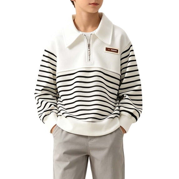 Boys Striped Sweatshirts Preppy Trendy Fall 1/4 Zipper Collared Sweatshirt Long Sleeve Oversized Shirts Pullover Gray, 5 Y