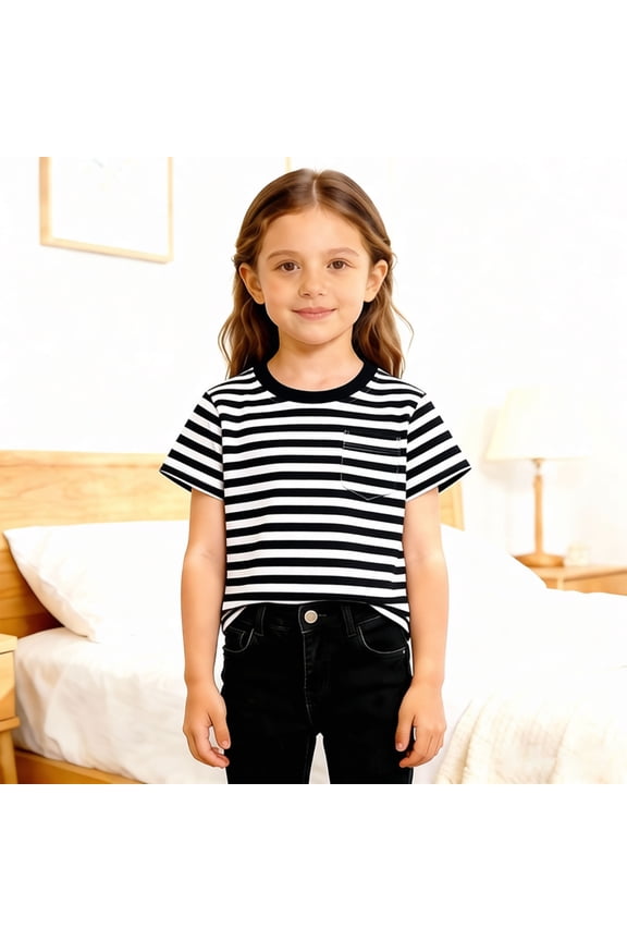 Boys Striped T Shirts Short Sleeve Round Neck Two Tone Black Summer Casual Breathable Lightweight Trendy Boys Tops Size 3-4 Y