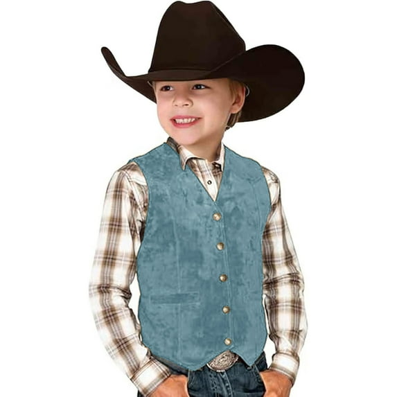 Boys Suede Leather Cowboy Vest Western Style V Neck Button Down Waistcoat For Halloween Party,Size:7-8 Years