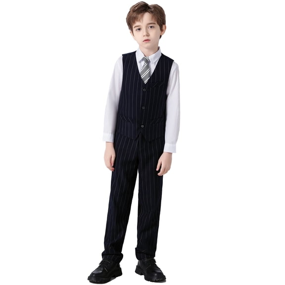 Boys Suit 4PC Baby Suits Wedding Party Vest Suit Set Little Gentleman Waistcoat Prom Tuxedo Dress suit Outerwear Party Vest+Shirt+Tie+Pants Outfits Clothes Set for Kids Black Pinstripe 6